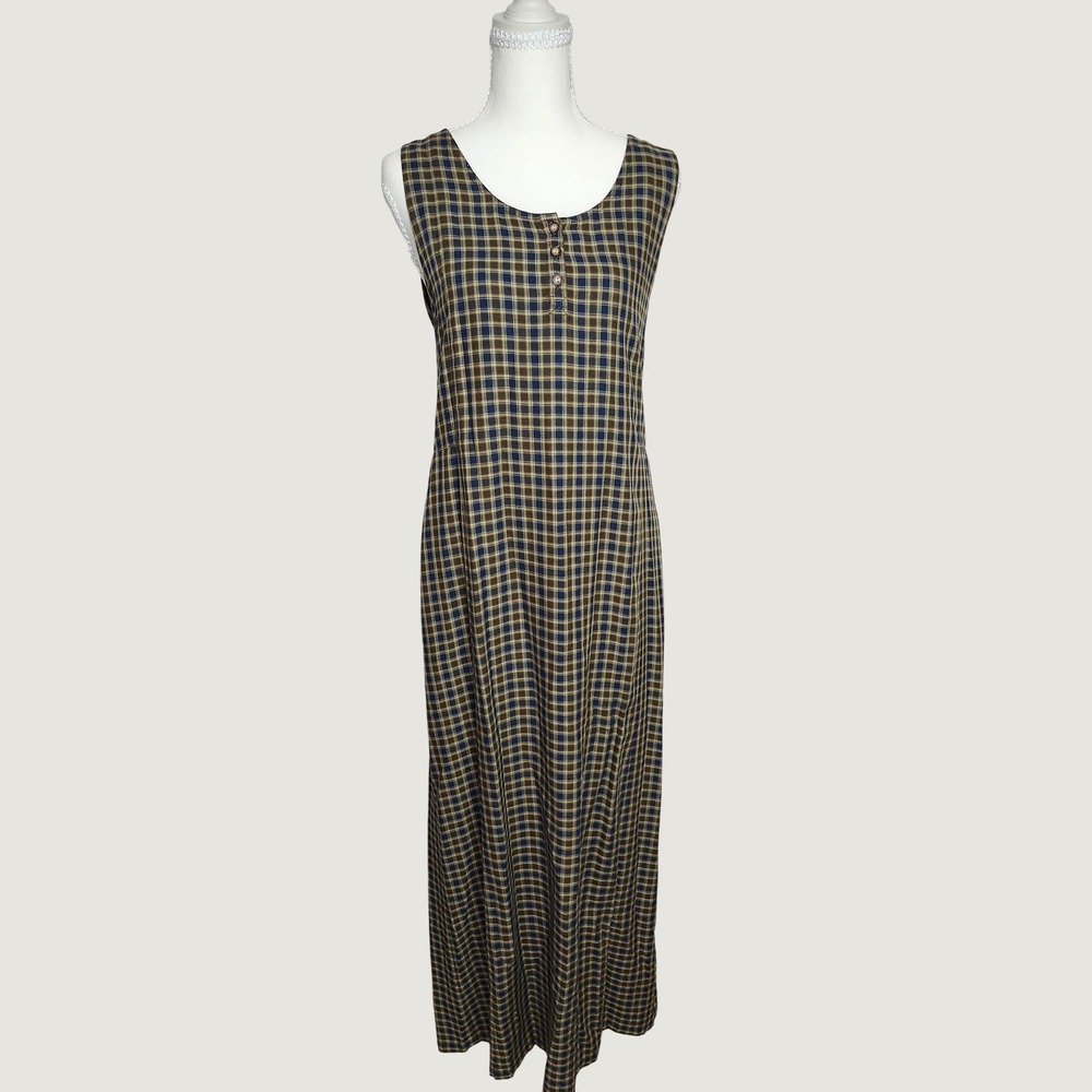Vintage Eddie Bauer Plaid Maxi Dress Brown Navy Rayon Sleeveless Tall Medium